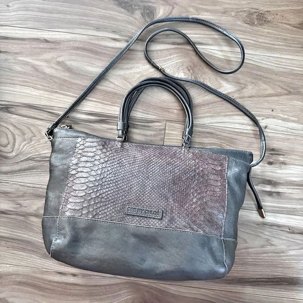CHLOÉ CHLOE | Snake Embossed Leather Tote Crossbody Gray Gunmetal Metallic Bag‎
